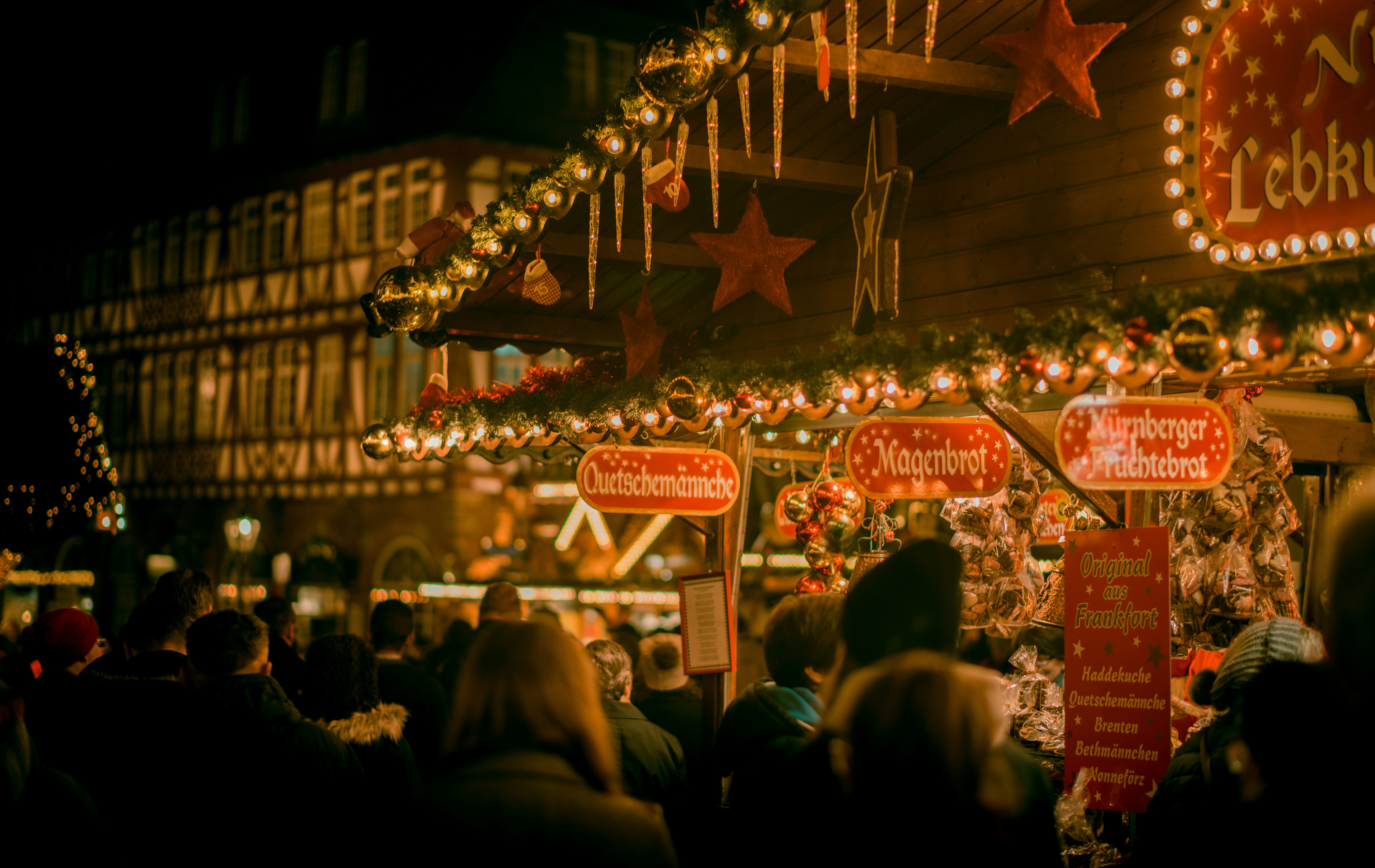Festive Christmas market with lights and stalls